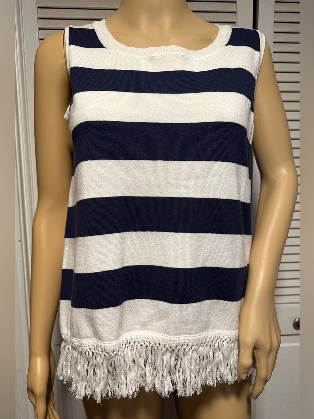 Sail to Sable Hydna Fringe Hem Sweater Tank Top Blue & White Striped S